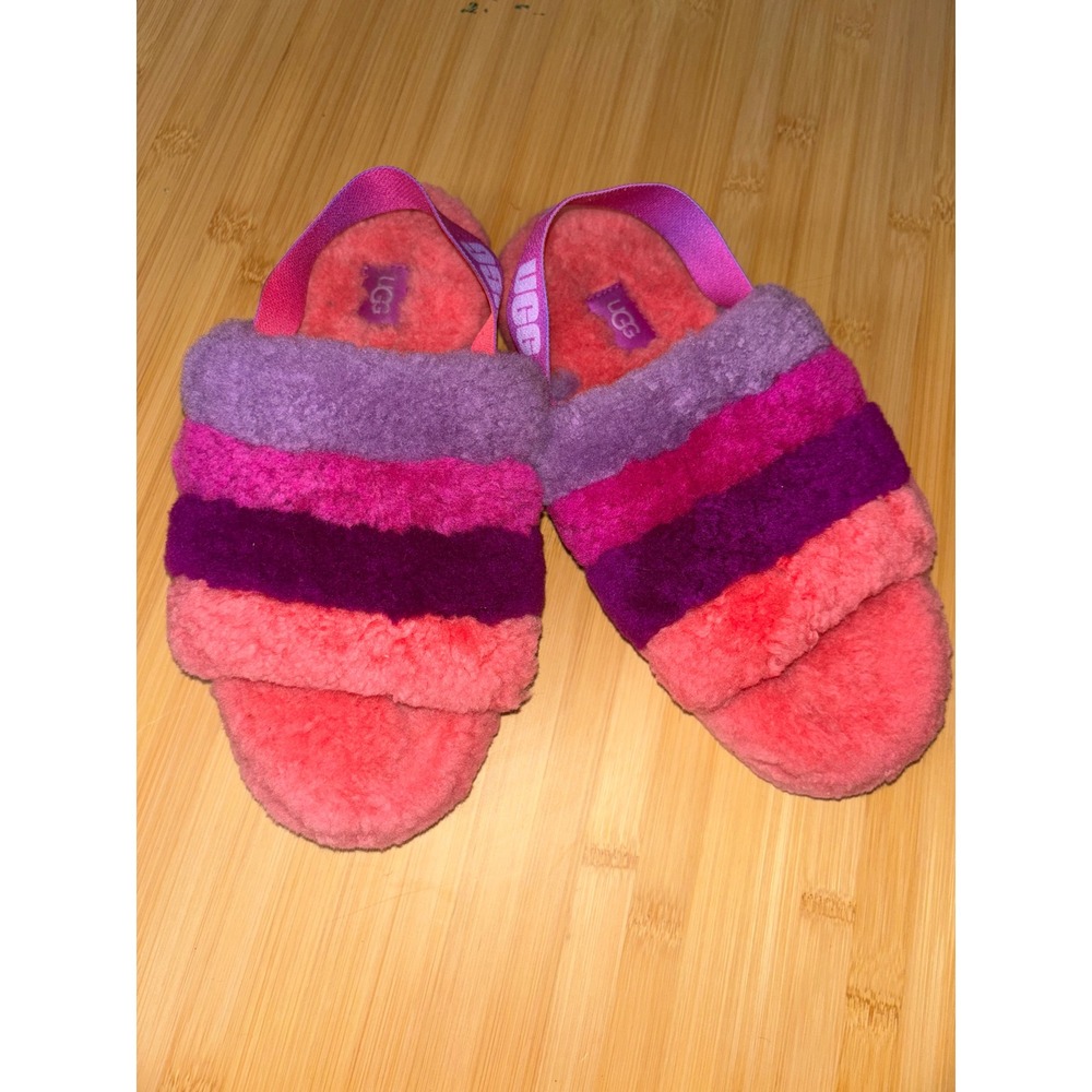UGG Fluff Yeah Slide Pink Purple Striped Sheepskin Slipper Sz 5 Slipper Platform